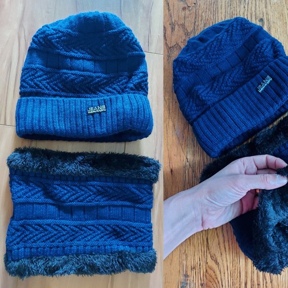 Navy Knitted Winter Hat With Neck Warmer - Picture 2 of 6